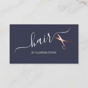 Elegant roos goud en blauwe schaar haarstylist visitekaartje