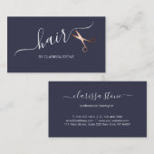 Elegant roos goud en blauwe schaar haarstylist visitekaartje (Voorkant / Achterkant)