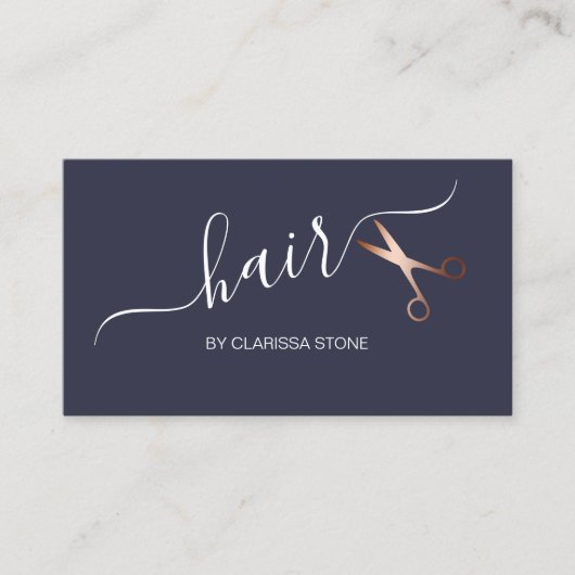 Elegant roos goud en blauwe schaar haarstylist visitekaartje (Voorkant)