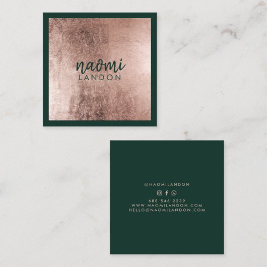 Elegant roos goud en donkergroen modern minimalist vierkante visitekaartje (Voorkant / Achterkant)