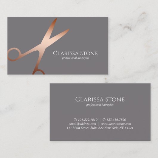 Elegant roos goud en grijze schaar haarstylist visitekaartje (Voorkant / Achterkant)