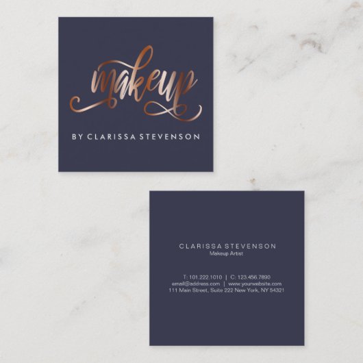Elegant roos goud en marineblauw make-up artiest vierkante visitekaartje (Voorkant / Achterkant)
