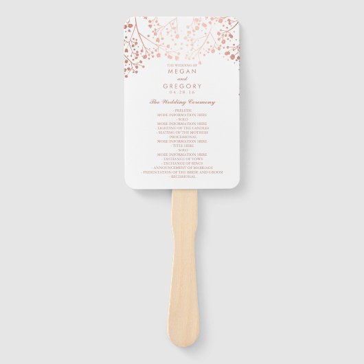 Elegant Roos Goud en Wit Huwelijksprogramma Handwaaier (Voorkant)