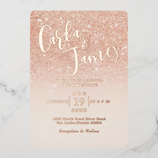 Elegant Roos goud Faux Glitter chic Wedding Folie Uitnodiging (Voorkant)