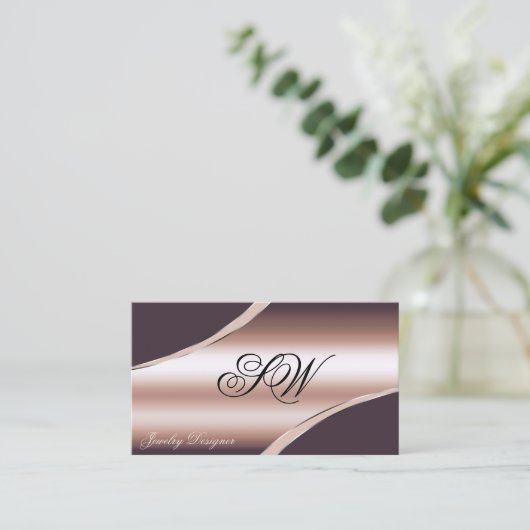 Elegant Roos Goud gebogen lijnen Monogram QR-code Visitekaartje (Staand voorkant)