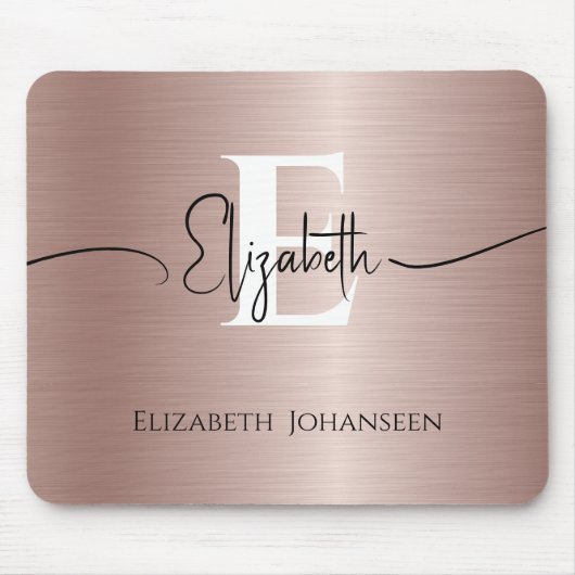 Elegant Roos Goud Geborsteld Metaal Wit Monogram Muismat (Voorkant)