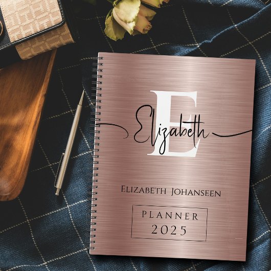 Elegant Roos Goud Geborsteld Metaal Wit Monogram Planner