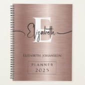 Elegant Roos Goud Geborsteld Metaal Wit Monogram Planner (Voorkant)