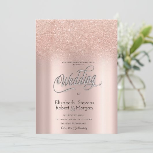 Elegant Roos Goud Glitter Bokeh Bruiloft Kaart (Staand voorkant)