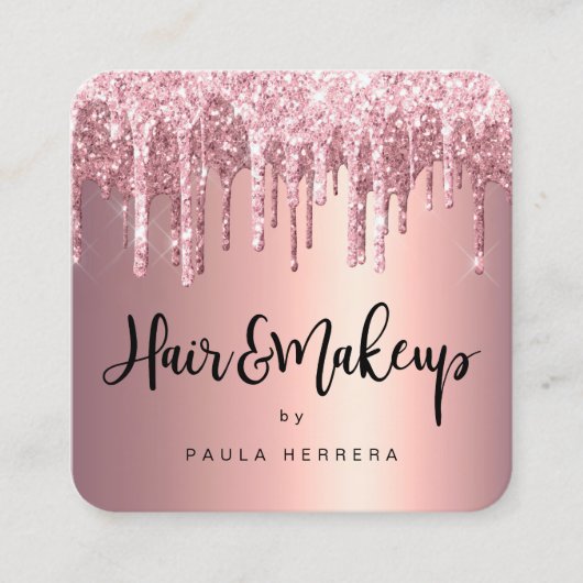 Elegant roos goud glitter druppelt haar make-up op vierkante visitekaartje (Voorkant)