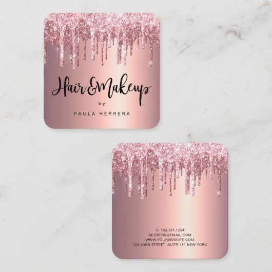 Elegant roos goud glitter druppelt haar make-up op vierkante visitekaartje (Voorkant / Achterkant)
