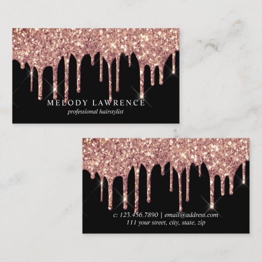 Elegant roos goud glitter druppelt haarstylist visitekaartje (Voorkant / Achterkant)