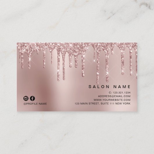 Elegant roos goud glitter druppelt haarstylist visitekaartje (Achterkant)