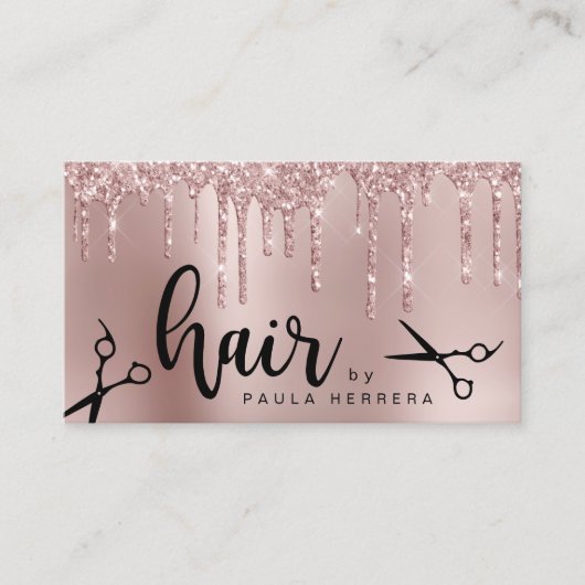 Elegant roos goud glitter druppelt haarstylist visitekaartje (Voorkant)