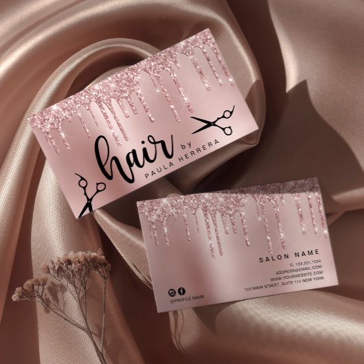 Elegant roos goud glitter druppelt haarstylist visitekaartje