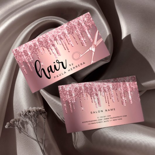 Elegant roos goud glitter druppelt haarstylist visitekaartje