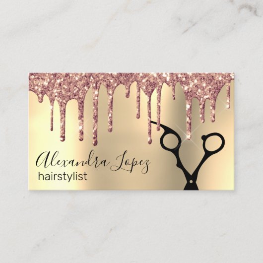 Elegant roos goud glitter druppelt haarstylist visitekaartje (Voorkant)