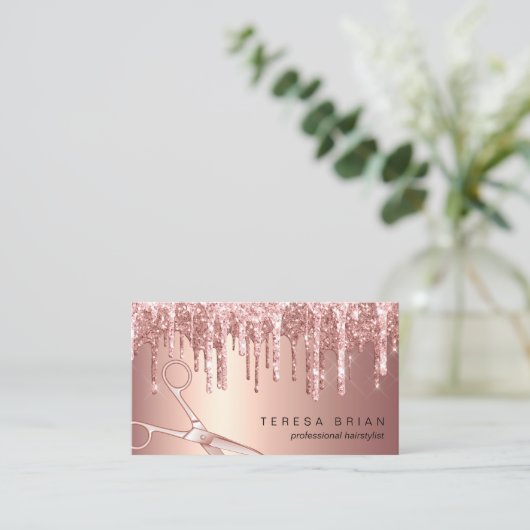 Elegant roos goud glitter druppelt haarstylist visitekaartje (Staand voorkant)