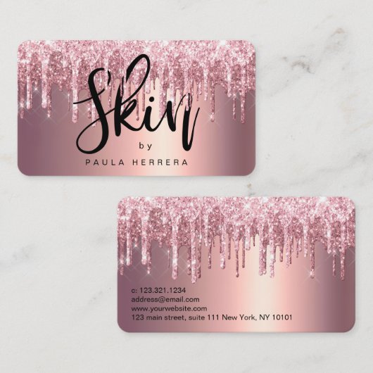 Elegant roos goud glitter druppelt huid visitekaartje (Voorkant / Achterkant)
