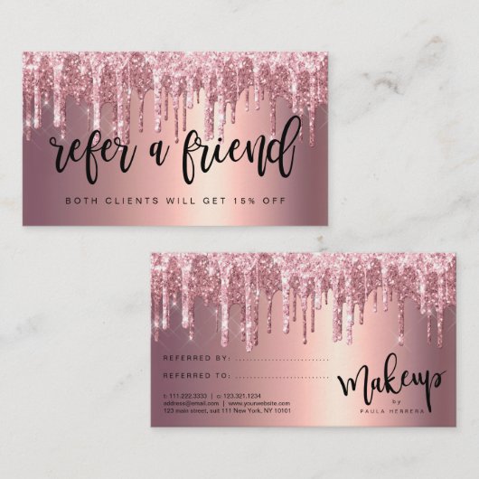 Elegant roos goud glitter druppelt make-up aanbevelingskaartje (Voorkant / Achterkant)