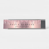 Elegant roos goud glitter druppelt make-up bureau naambordje (Voorkant)