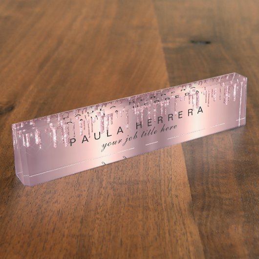 Elegant roos goud glitter druppelt make-up naambordje (Zijkant)