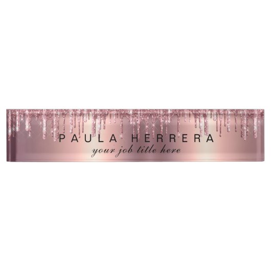 Elegant roos goud glitter druppelt make-up naambordje (Voorkant)