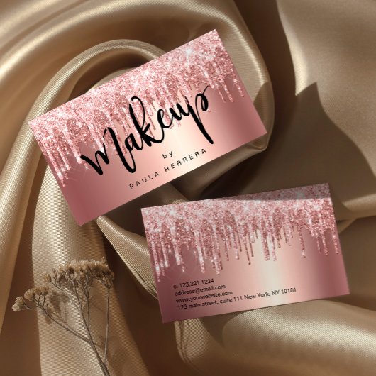 Elegant roos goud glitter druppelt make-up visitekaartje