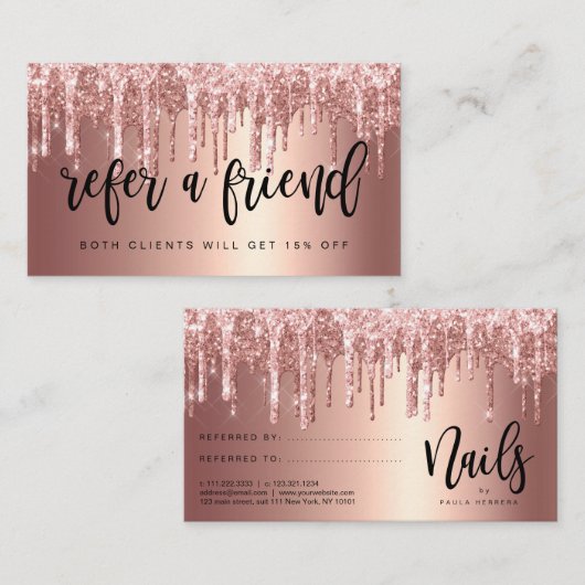 Elegant roos goud glitter druppelt nagels aanbevelingskaartje (Voorkant / Achterkant)