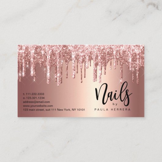 Elegant roos goud glitter druppelt nagels afsprakenkaartje (Achterkant)