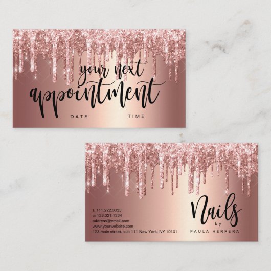 Elegant roos goud glitter druppelt nagels afsprakenkaartje (Voorkant / Achterkant)