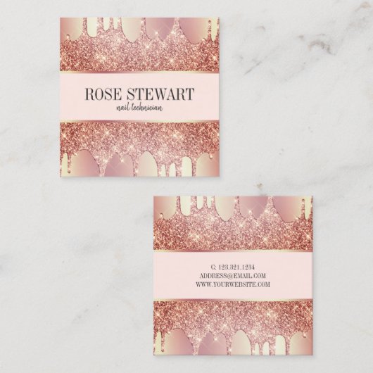 Elegant roos goud glitter druppelt nagels vierkante visitekaartje (Voorkant / Achterkant)
