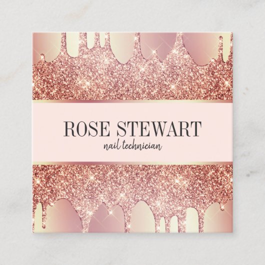 Elegant roos goud glitter druppelt nagels vierkante visitekaartje (Voorkant)