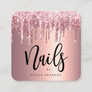 Elegant roos goud glitter druppelt nagels vierkante visitekaartje