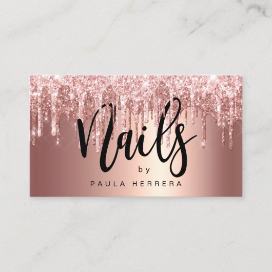 Elegant roos goud glitter druppelt nagels visitekaartje (Voorkant)