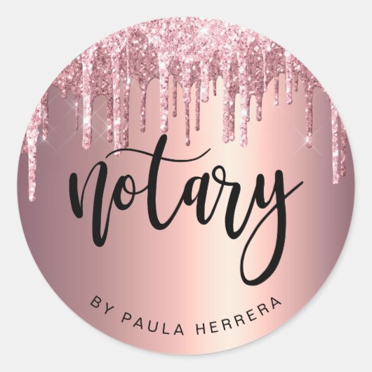 Elegant roos goud glitter druppelt notaris ronde sticker (Voorkant)