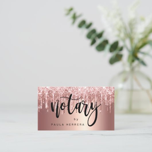 Elegant roos goud glitter druppelt notaris visitekaartje (Staand voorkant)