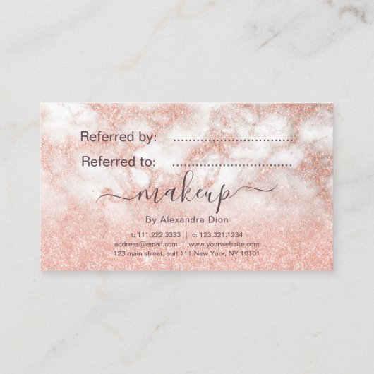 Elegant roos goud glitter make-up artiest aanbevelingskaartje (Achterkant)