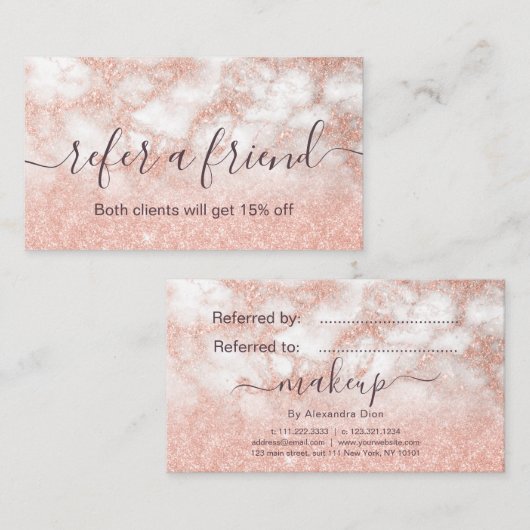 Elegant roos goud glitter make-up artiest aanbevelingskaartje (Voorkant / Achterkant)