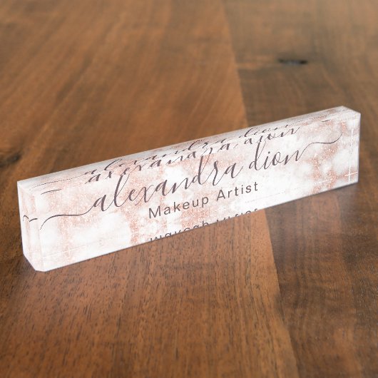 Elegant roos goud glitter make-up artiest naambordje (Zijkant)