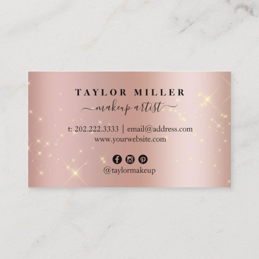 Elegant roos goud glitter make-up & haar metaal visitekaartje (Achterkant)