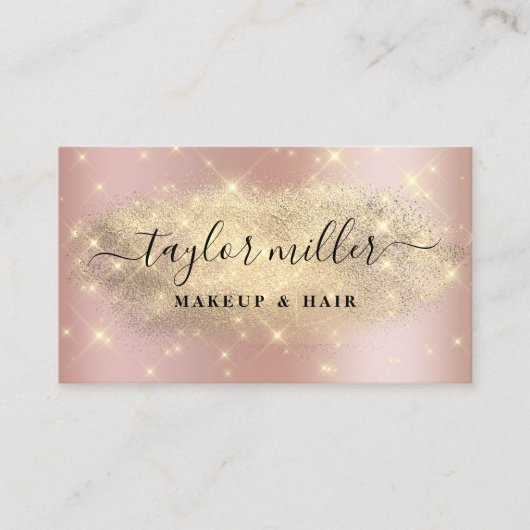 Elegant roos goud glitter make-up & haar metaal visitekaartje (Voorkant)