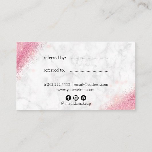 Elegant roos goud glitter marmer make-up kunstenaa aanbevelingskaartje (Achterkant)