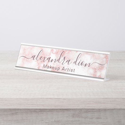 Elegant roos goud glitter marmer make-up kunstenaa bureau naambordje (Voorkant)