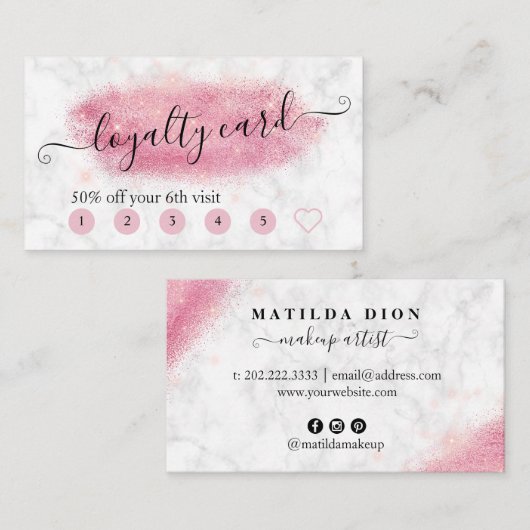 Elegant roos goud glitter marmer make-up kunstenaa klantenkaartje (Voorkant / Achterkant)
