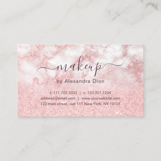 Elegant roos goud glitter marmer make-up kunstenaa klantenkaartje (Achterkant)