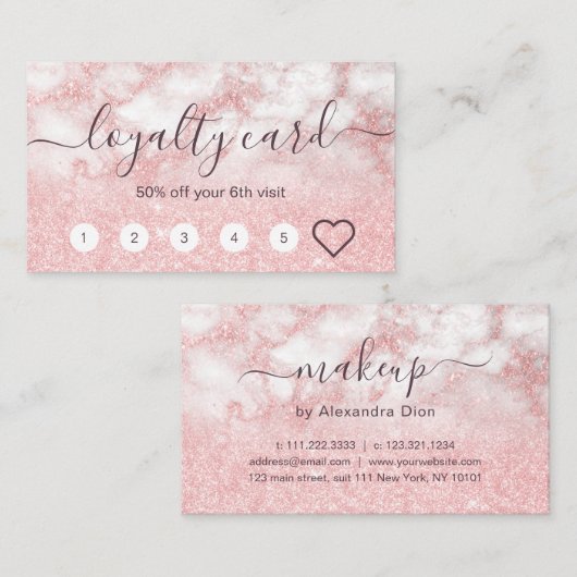 Elegant roos goud glitter marmer make-up kunstenaa klantenkaartje (Voorkant / Achterkant)