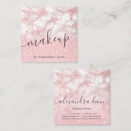 Elegant roos goud glitter marmer make-up kunstenaa vierkante visitekaartje (Voorkant / Achterkant)
