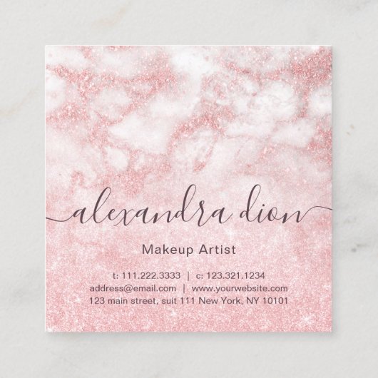 Elegant roos goud glitter marmer make-up kunstenaa vierkante visitekaartje (Achterkant)