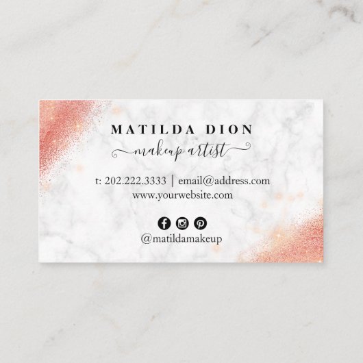 Elegant roos goud glitter marmer make-up kunstenaa visitekaartje (Achterkant)